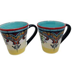 2 Euro Ceramica Zanzibar Coffee Mug Hand-Painted Colorful Set Of 24"1/4 X4 New